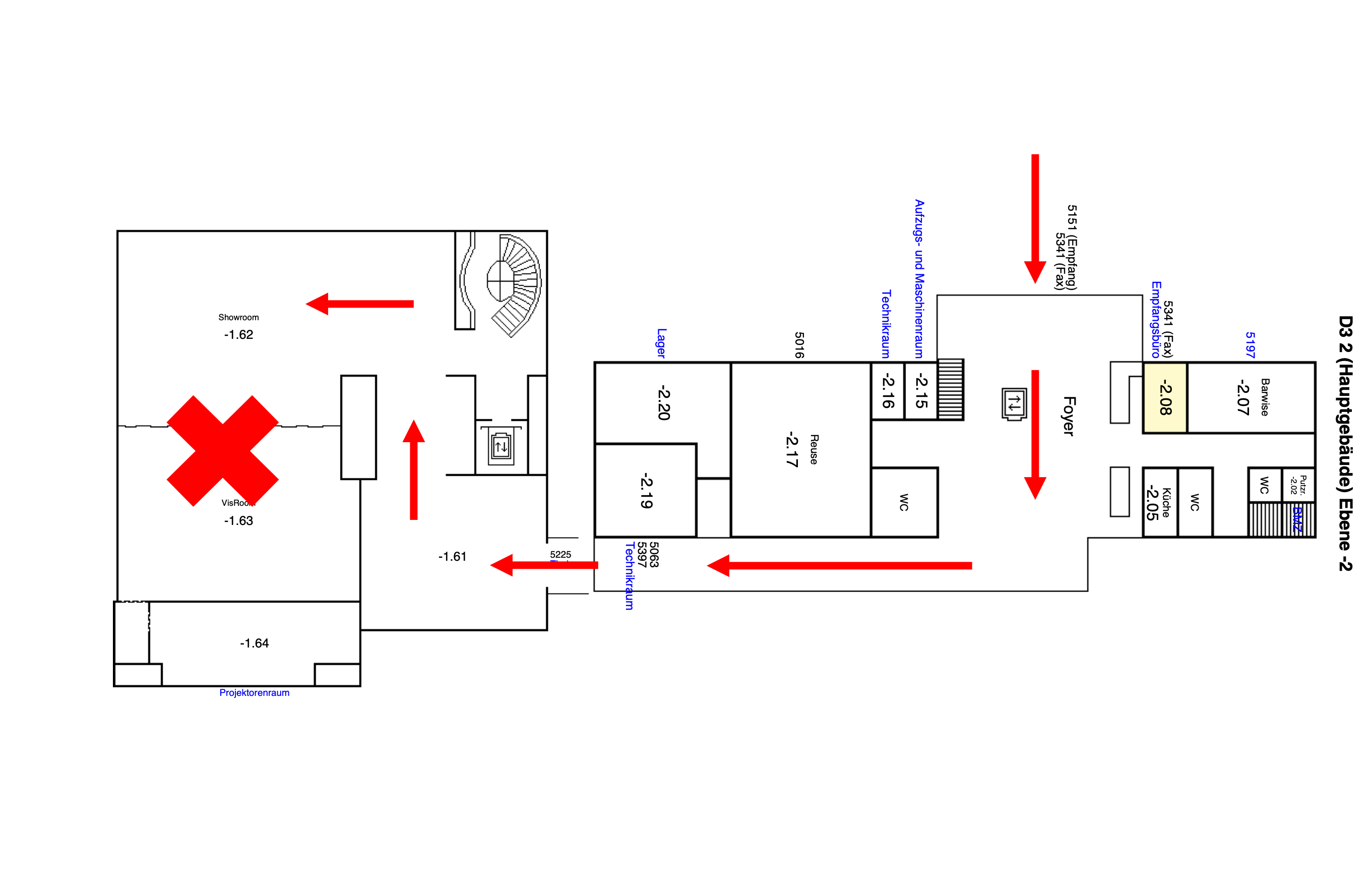Floor plan of Building D3 2, Ebene -2, showing route to VisRoom